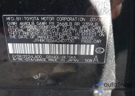2010 Lexus Es 350 from USA, damaged, VIN JTHBK1EG6A2407730